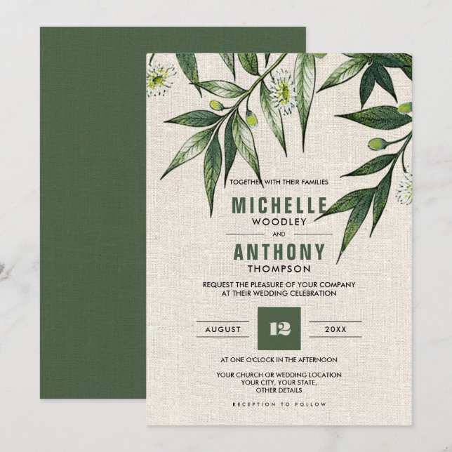 Invitación Wild Meadow | Boda Botánico Burlap de Verdor (Anverso / Reverso)
