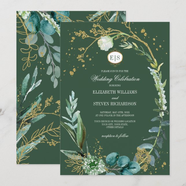 Invitación Wild Meadow | Boda Geométrico Botánico Verde (Anverso / Reverso)
