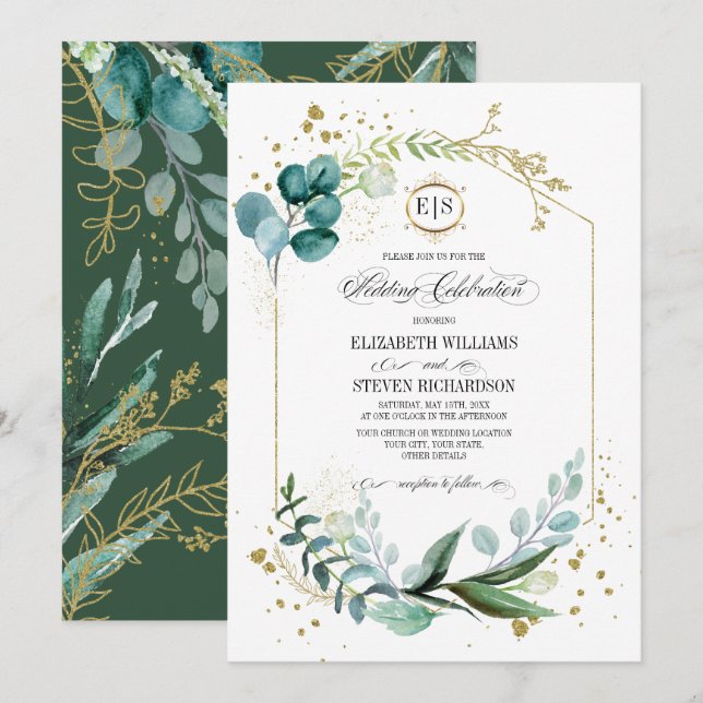 Invitación Wild Meadow | Boda Geométrico Botánico Verde (Anverso / Reverso)