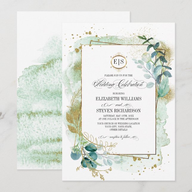 Invitación Wild Meadow | Boda Geométrico Botánico Verde (Anverso / Reverso)
