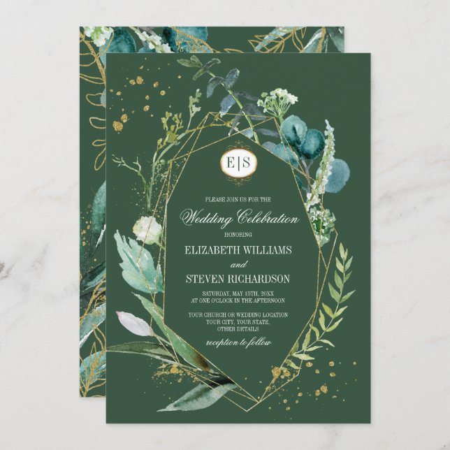 Invitación Wild Meadow | Boda Geométrico Botánico Verde (Anverso / Reverso)