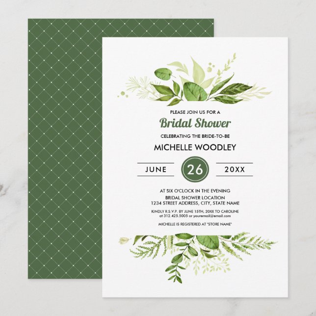 Invitación Wild Meadow | Ducha Botánica Verde De Novias (Anverso / Reverso)