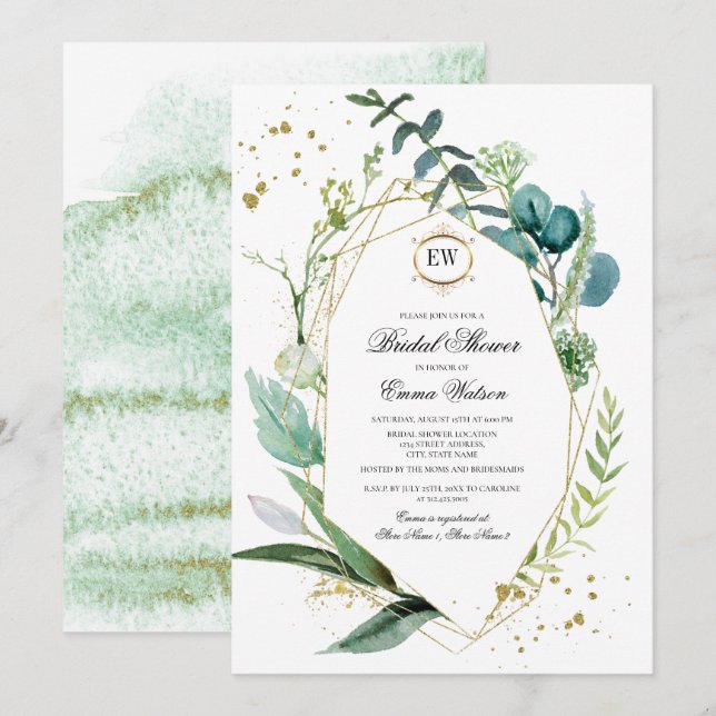 Invitación Wild Meadow | Ducha Botánica Verde De Novias (Anverso / Reverso)