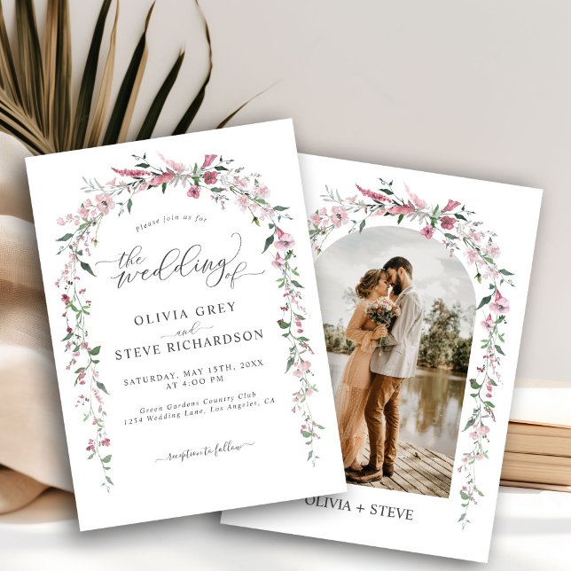 Invitación Wild Meadow Dusty Pink Floral Arch Photo Boda (Subido por el creador)