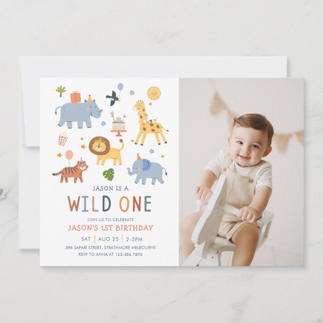 Invitación Wild One 1st Birthday Safari Animals Cute Photo (Anverso)