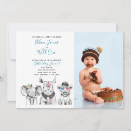Invitación Wild One Animal Safari Baby Boy Foto de primer cum