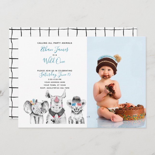 Invitación Wild One Animal Safari Baby Boy Foto de primer cum (Anverso / Reverso)