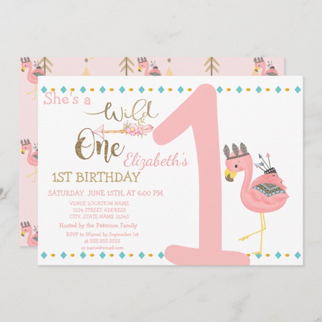 Invitación Wild One, Arrows, Flamingo Rosa Primer Cumpleaños (Anverso / Reverso)