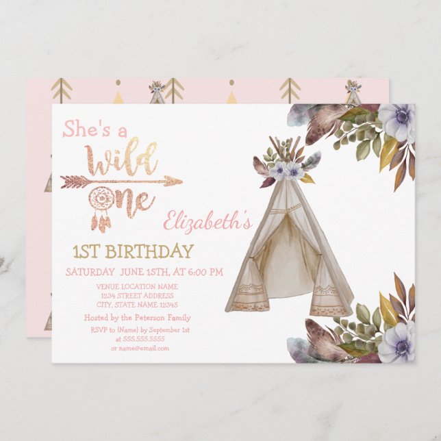 Invitación Wild One, Arrows, Tent, Flores, Boho Cumpleaños (Anverso / Reverso)