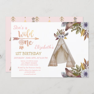 Invitación Wild One, Arrows, Tent, Flores, Boho Cumpleaños
