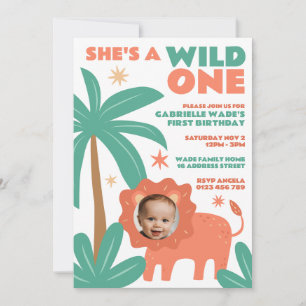 Invitación Wild One Baby Girl Jungle Foto de primer cumpleaño