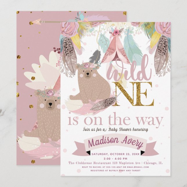 Invitación Wild One Baby Shower Chica (Anverso / Reverso)