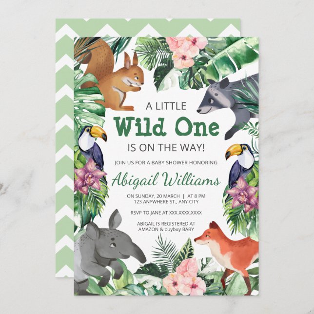 Invitación Wild One - Baby Shower de animales de la jungla (Anverso / Reverso)