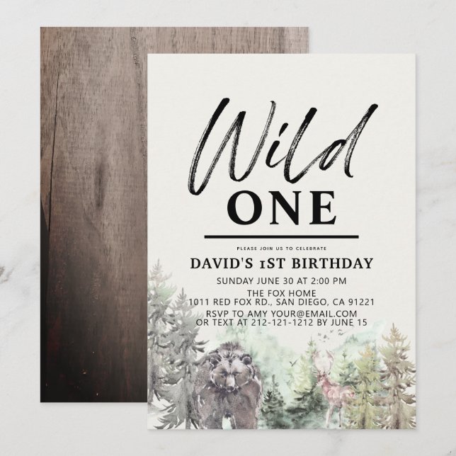 Invitación Wild One Bear Forest Mountain Boy 1er cumpleaños (Anverso / Reverso)