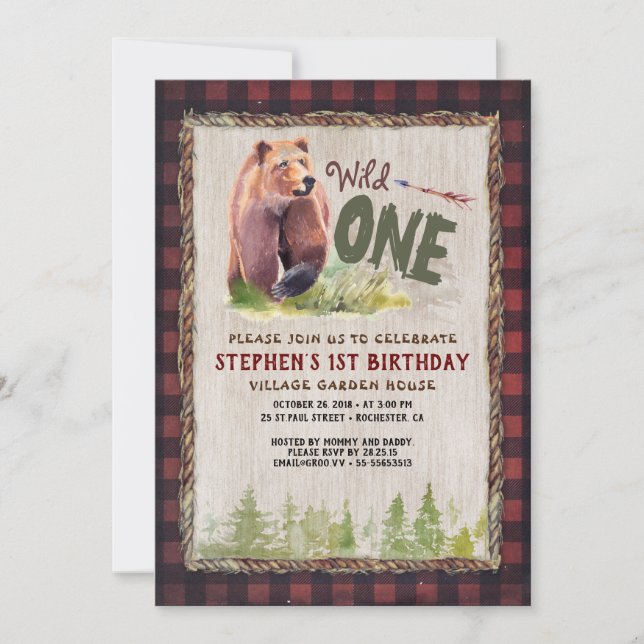 Invitación WILD ONE Bear Lumberjack Adventure Birday Party (Anverso)