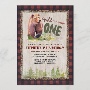 Invitación WILD ONE Bear Lumberjack Adventure Birday Party