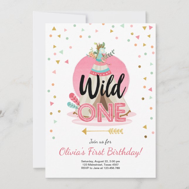 Invitación Wild One Birday Invitation Teepee Boho Chica Wood (Anverso)