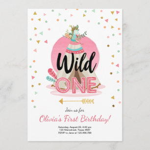 Invitación Wild One Birday Invitation Teepee Boho Chica Wood