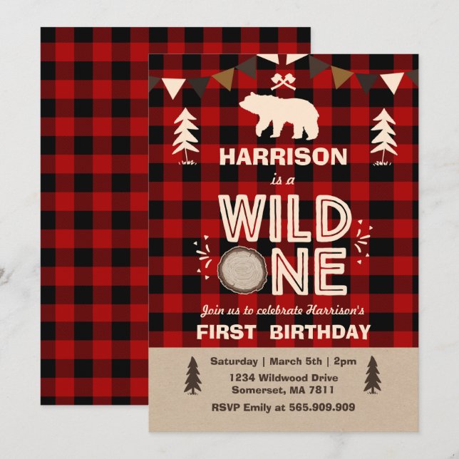 Invitación Wild One Birthday Invitation Lumberjack Wild (Anverso / Reverso)