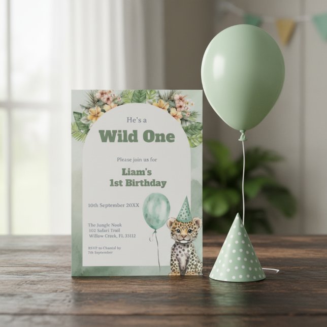 Invitación Wild One Birthday Invitation • Safari Jungle Party (Wild One jungle 1st birthday invitation with safari theme and green balloon)