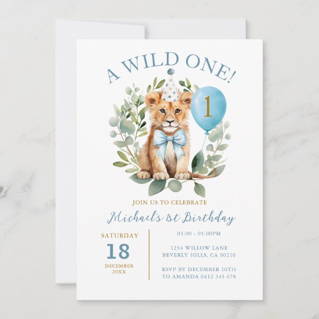 Invitación Wild One Birthday Lion Boy Birthday Floral Bow tie (Anverso)