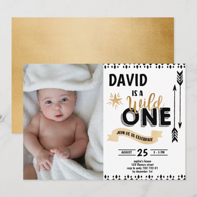 Invitación Wild One Black & Gold Boy Foto de primer cumpleaño (Anverso / Reverso)
