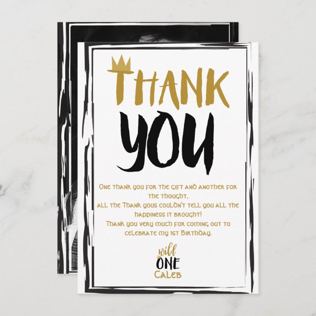 Invitación Wild One Black Gold Photo 1 1er cumpleaños Gracias (Anverso / Reverso)
