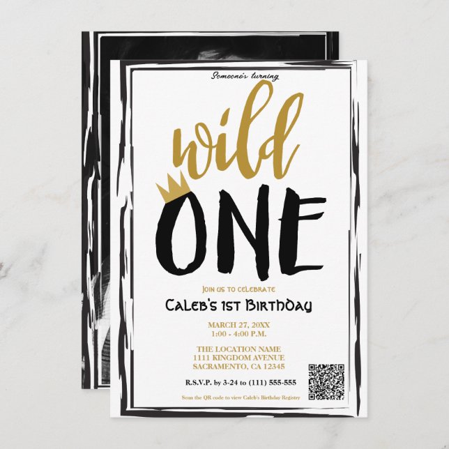 Invitación Wild One Black + Gold Photo 1 Código QR de cumplea (Anverso / Reverso)