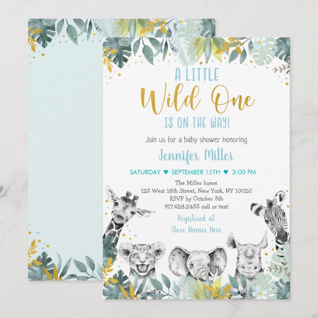 Invitación Wild One Blue Gold Safari Baby Shower (Anverso / Reverso)