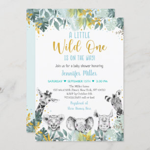 Invitación Wild One Blue Gold Safari Baby Shower
