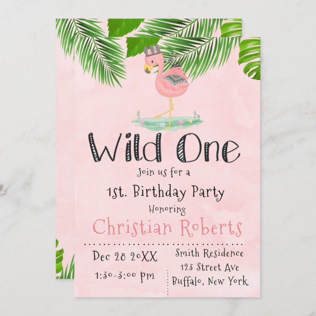 Invitación Wild One Boho Pink Flamingo Birthday Party (Anverso / Reverso)