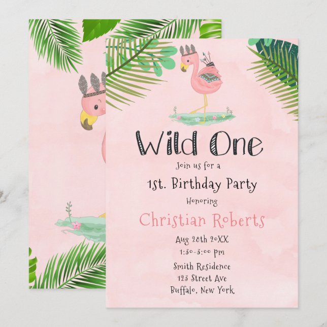 Invitación Wild One Boho Pink Flamingo Primer Fiesta de cumpl (Anverso / Reverso)