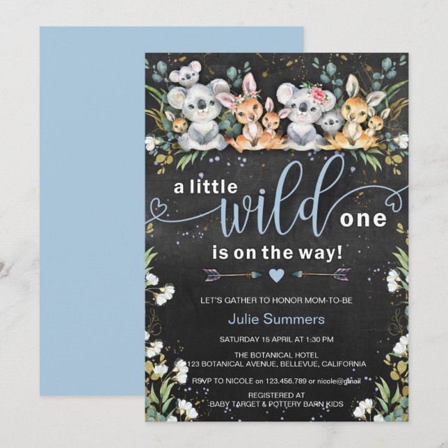 Invitación Wild One Boy Blue Koala y Kangaroo Baby Shower (Anverso / Reverso)