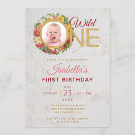 Invitación Wild One Chica Photo in Rosa Wreath First Birday