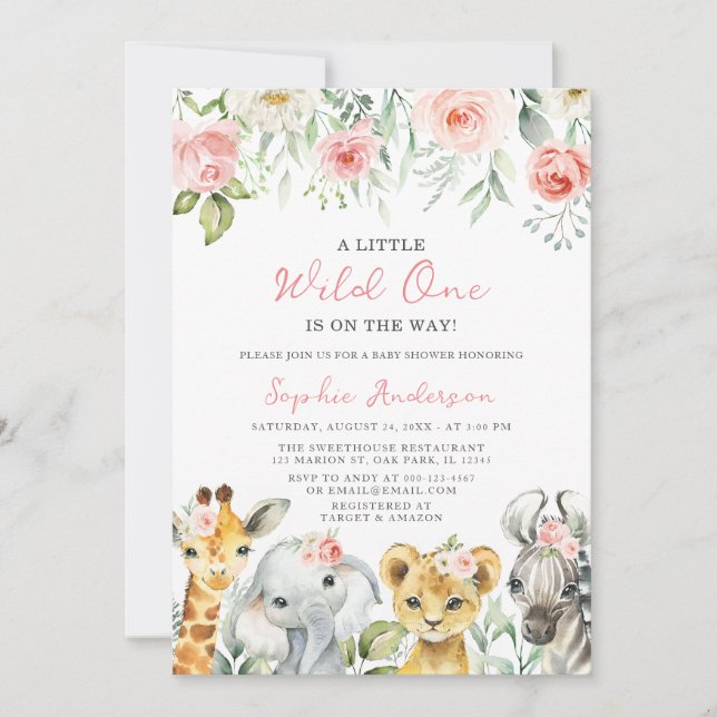 Invitación Wild One Chica Safari Jungle Animals Baby Shower (Anverso)