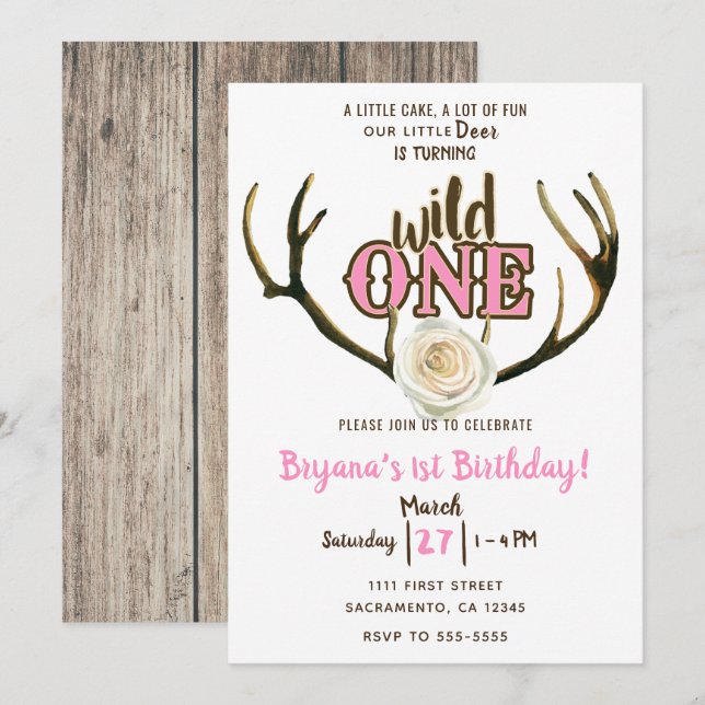 Invitación Wild One Cuerno de Ciervo Rosa Cumpleaños 1 (Anverso / Reverso)