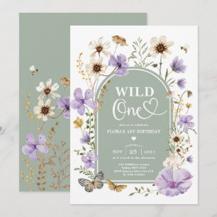 Invitación Wild One: Cumpleaños de flor silvestre verde salvi
