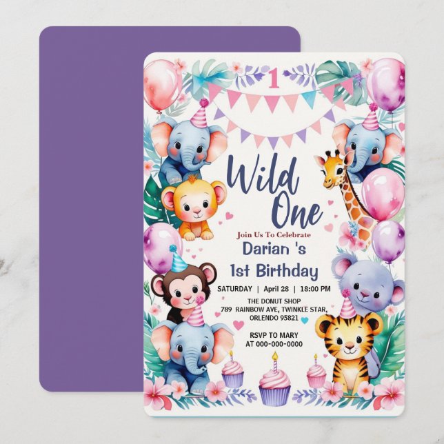 Invitación Wild One Cute Animals Balloon cupcake 1st Birthday (Anverso / Reverso)