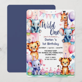 Invitación Wild One Cute Animals Balloon cupcake 1st Birthday