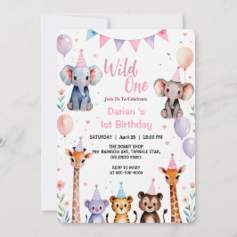 Invitación Wild One Cute Animals Balloon girls 1st Birthday