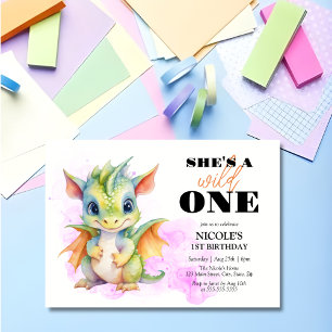 Invitación Wild One Cute Baby Dragon Fairytale 1er cumpleaños
