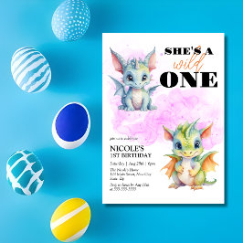 Invitación Wild One Cute Baby Dragon Fantasía 1er cumpleaños