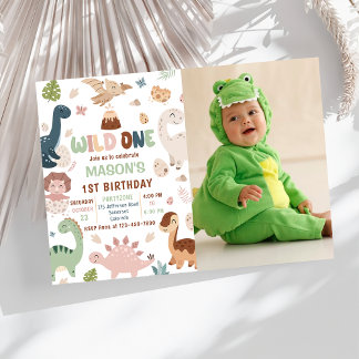 Invitación Wild One Cute Dinosaur Foto Fiesta de primer cumpl