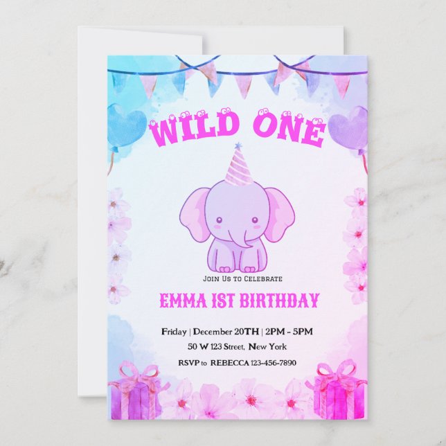 Invitación Wild One Cute Elephant 1st Birthday Invitation (Anverso)