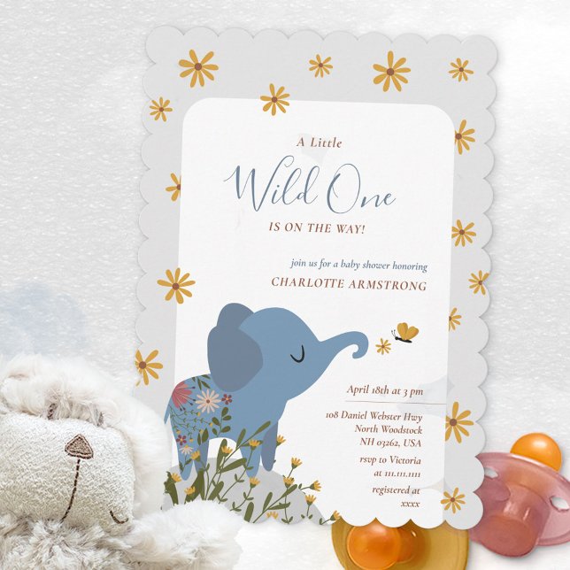 Invitación Wild One Cute Elephant Floral Baby Shower (Wild One Cute Elephant Floral Baby Shower Invitation ©Susanne Sachers - Sunny Mind Design 🌞)