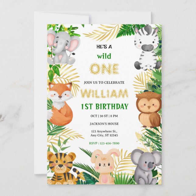 Invitación Wild One Cute Jungle Animal Child's 1st Birthday  (Anverso)