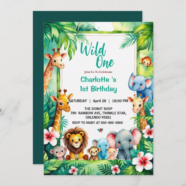 Invitación Wild One Cute Jungle Animal Child's 1st Birthday  (Anverso / Reverso)