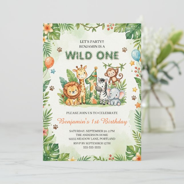 Invitación Wild One Cute Jungle Animals Kids 1st Birthday  (Anverso de pie)