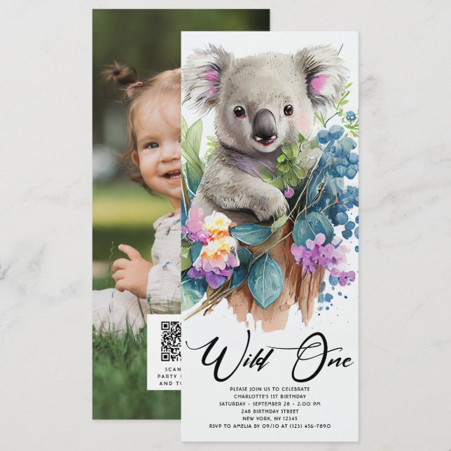 Invitación Wild One Cute Koala 1er cumpleaños foto animal (Anverso / Reverso)