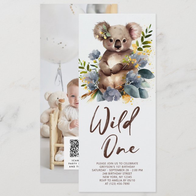 Invitación Wild One Cute Koala 1er cumpleaños foto animal (Anverso / Reverso)